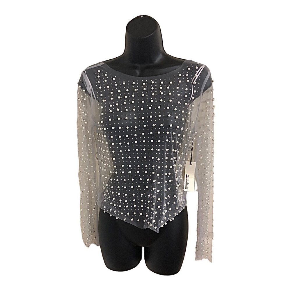 Sheer Pearls & rhinestones crystals studded mesh long sleeve top size large new